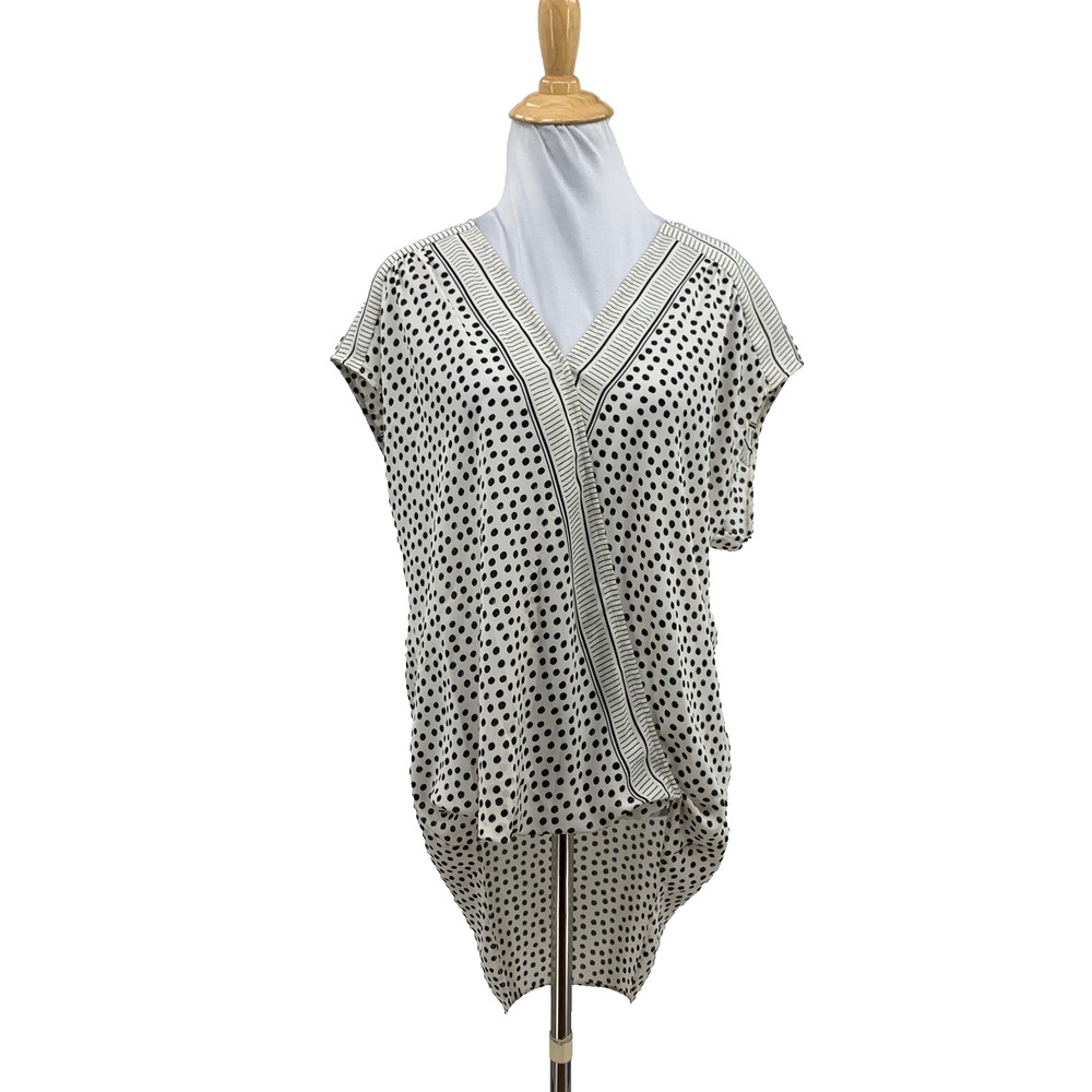 Max Studio Top Womens L Large Ivory Black Polka Dot High Low Hem V Neck Tunic